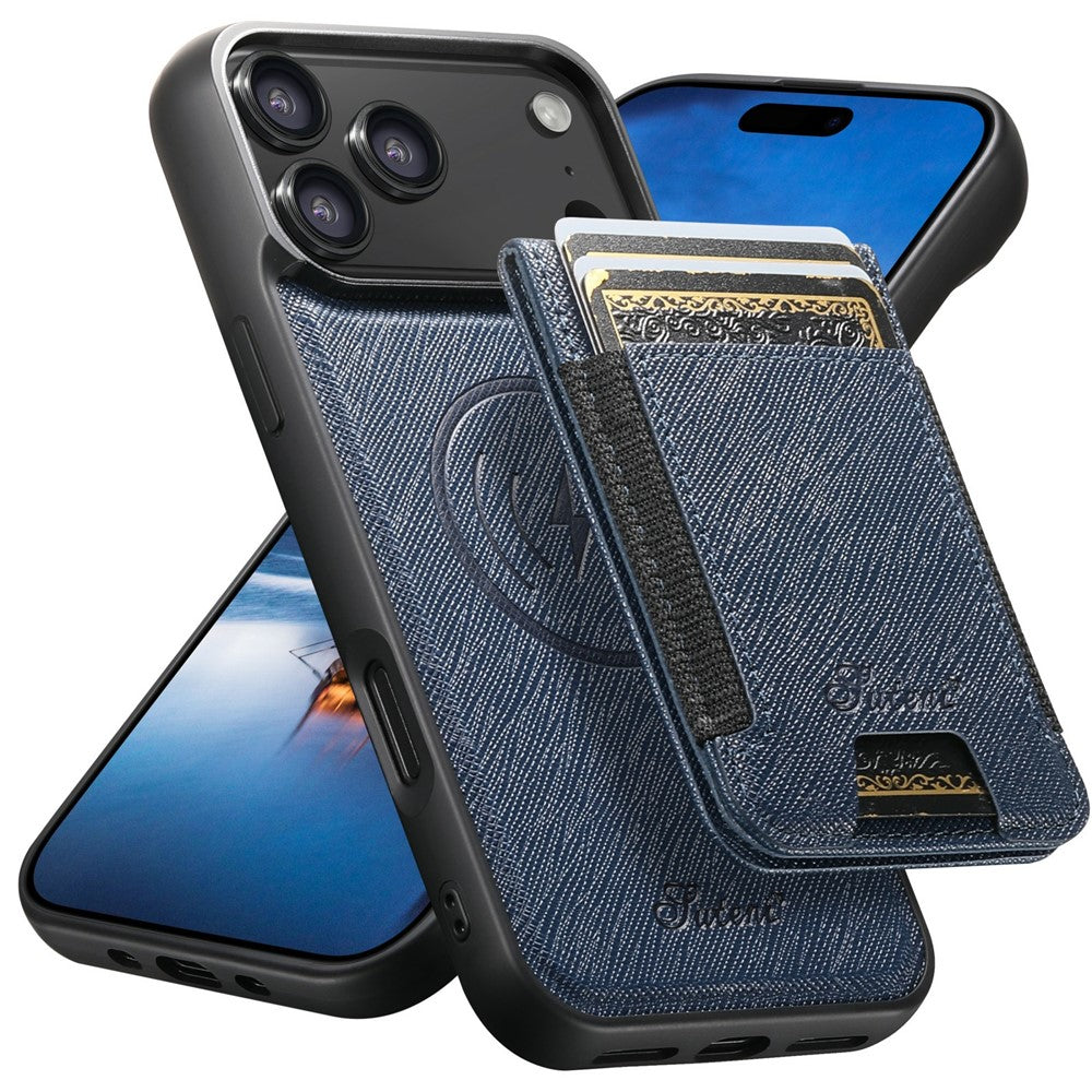 SUTENI H17 For iPhone 17 Pro Max Magnetic Case Cross Texture Leather Phone Back Cover with Detachable Card Bag - Blue