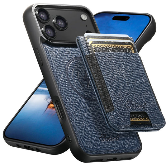 SUTENI H17 For iPhone 17 Pro Max Magnetic Case Cross Texture Leather Phone Back Cover with Detachable Card Bag - Blue