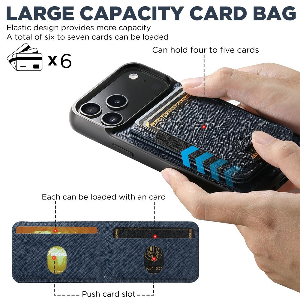 SUTENI H17 For iPhone 17 Pro Max Magnetic Case Cross Texture Leather Phone Back Cover with Detachable Card Bag - Blue
