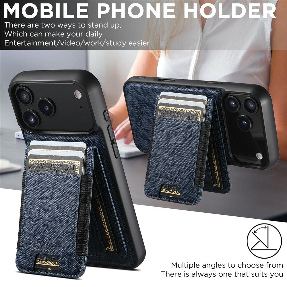 SUTENI H17 For iPhone 17 Pro Max Magnetic Case Cross Texture Leather Phone Back Cover with Detachable Card Bag - Blue