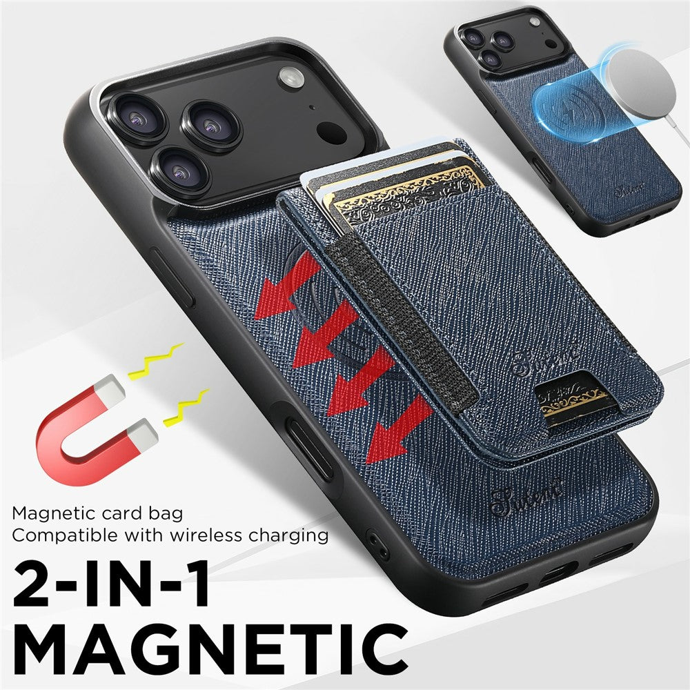 SUTENI H17 For iPhone 17 Pro Max Magnetic Case Cross Texture Leather Phone Back Cover with Detachable Card Bag - Blue