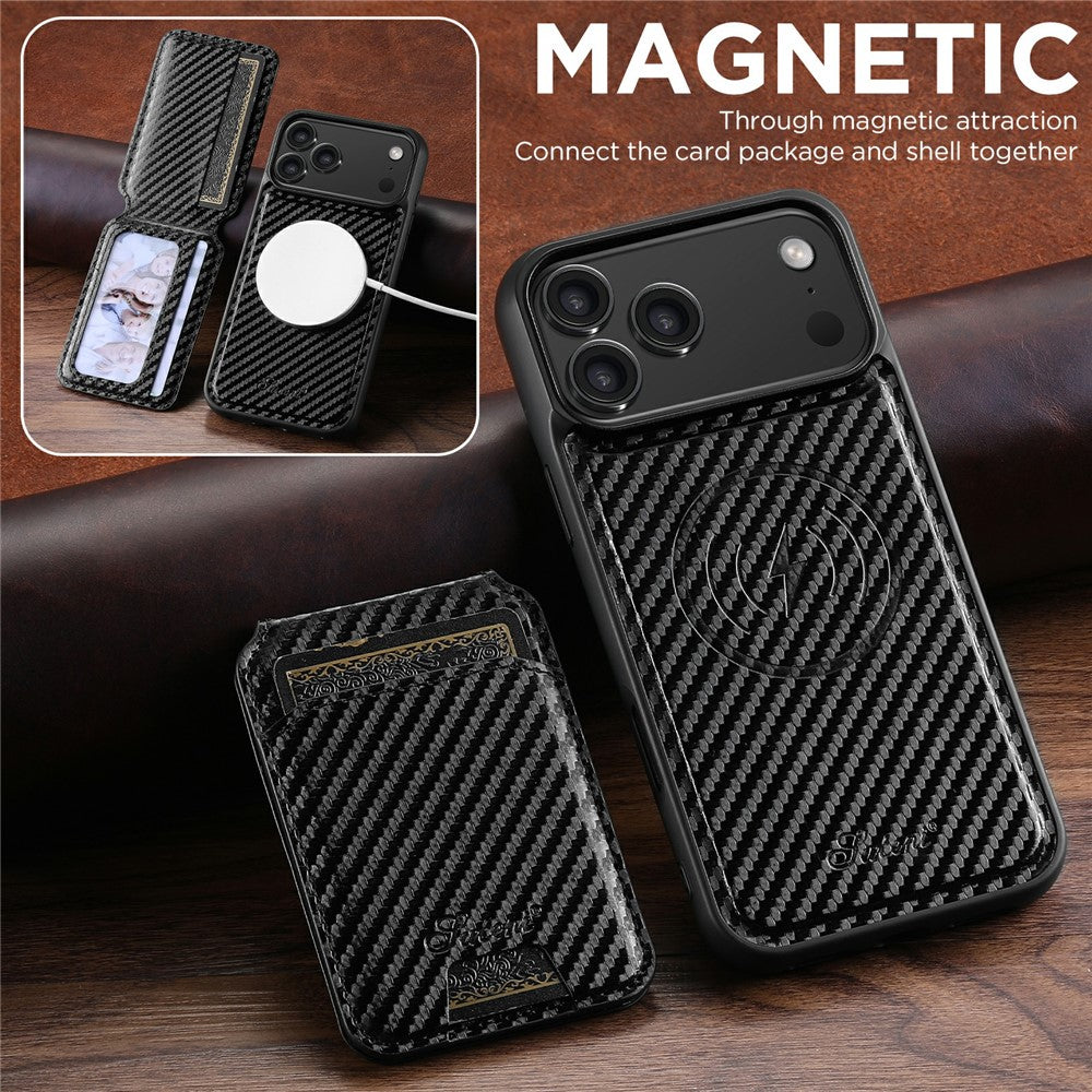 SUTENI H18 For iPhone 17 Pro Max Magnetic Case Carbon Fiber Texture Leather + TPU Cover with Detachable Card Bag