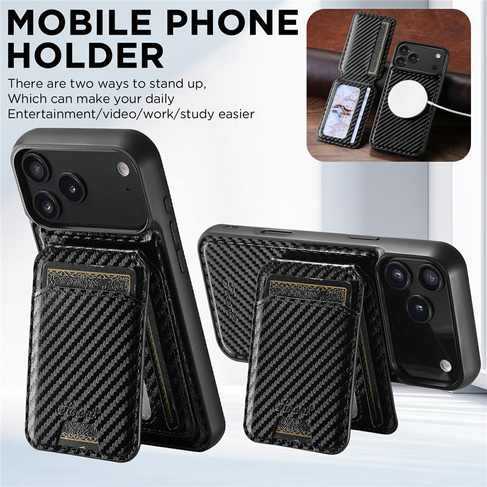 SUTENI H18 For iPhone 17 Pro Max Magnetic Case Carbon Fiber Texture Leather + TPU Cover with Detachable Card Bag