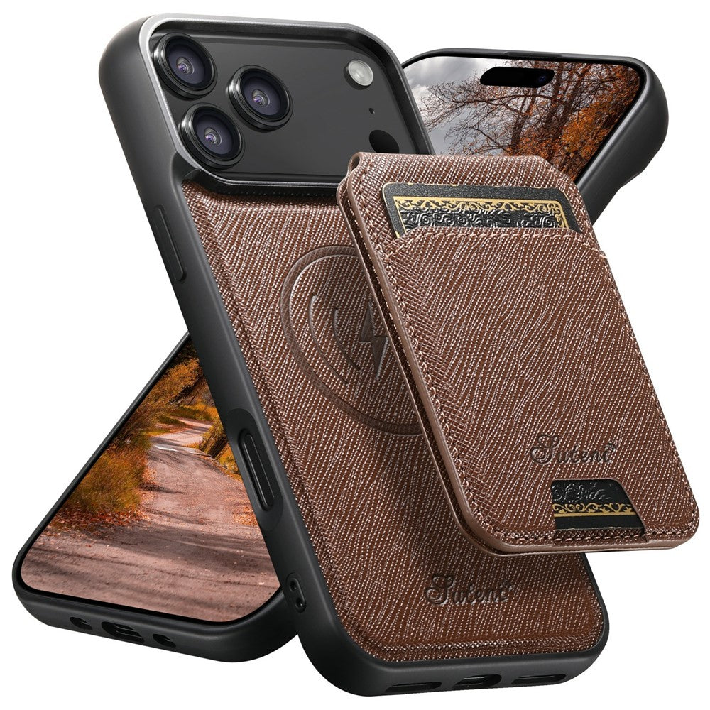 SUTENI H18 For iPhone 17 Pro Max Magnetic Case Cross Texture Leather + TPU Cover with Detachable Card Bag - Brown