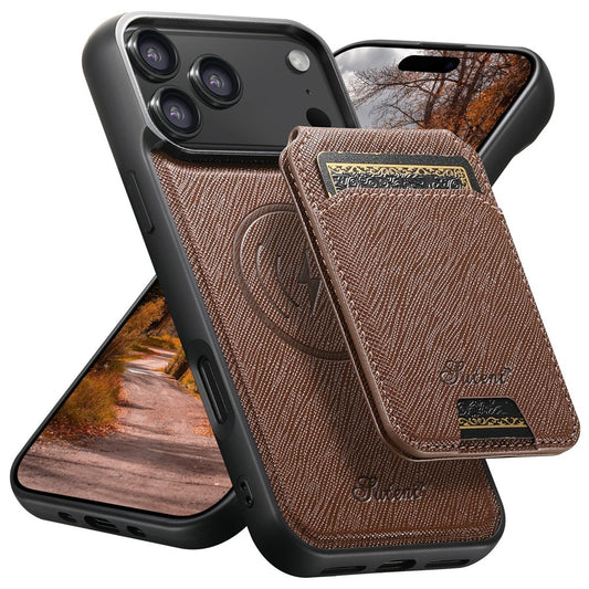 SUTENI H18 For iPhone 17 Pro Max Magnetic Case Cross Texture Leather + TPU Cover with Detachable Card Bag - Brown