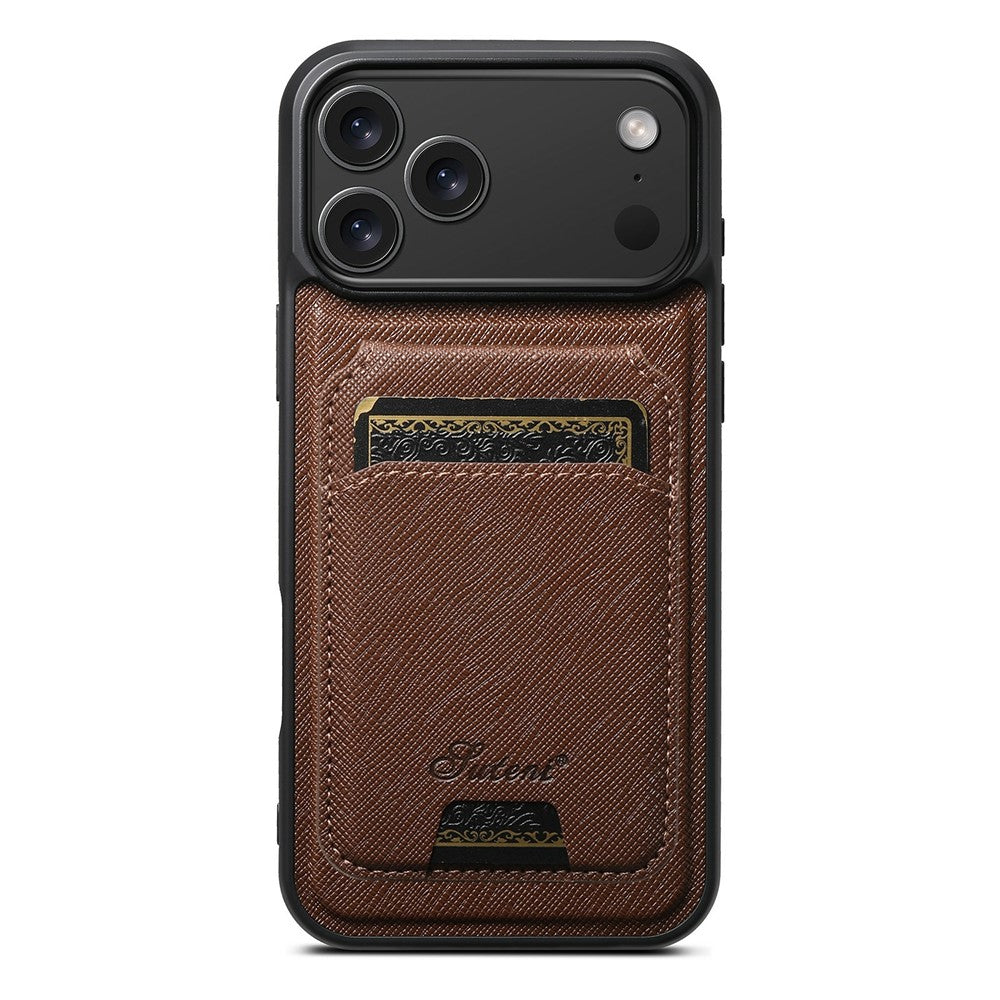 SUTENI H18 For iPhone 17 Pro Max Magnetic Case Cross Texture Leather + TPU Cover with Detachable Card Bag - Brown