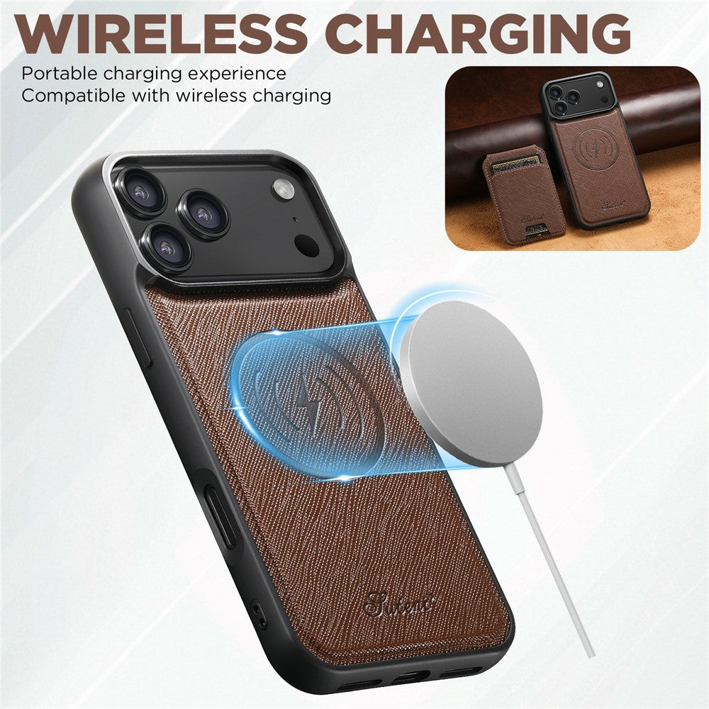 SUTENI H18 For iPhone 17 Pro Max Magnetic Case Cross Texture Leather + TPU Cover with Detachable Card Bag - Brown