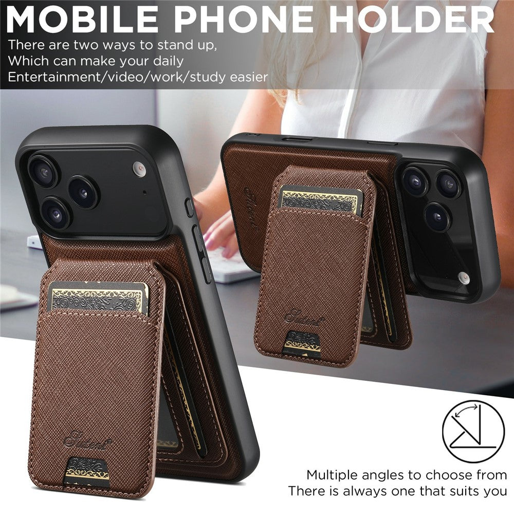 SUTENI H18 For iPhone 17 Pro Max Magnetic Case Cross Texture Leather + TPU Cover with Detachable Card Bag - Brown