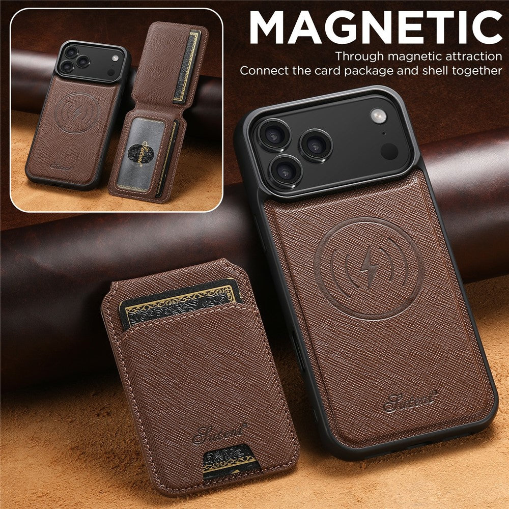 SUTENI H18 For iPhone 17 Pro Max Magnetic Case Cross Texture Leather + TPU Cover with Detachable Card Bag - Brown