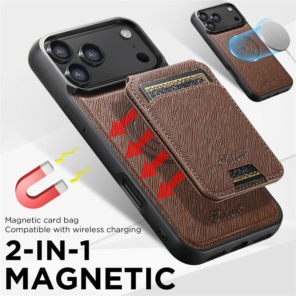 SUTENI H18 For iPhone 17 Pro Max Magnetic Case Cross Texture Leather + TPU Cover with Detachable Card Bag - Brown