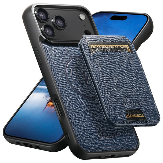 SUTENI H18 For iPhone 17 Pro Max Magnetic Case Cross Texture Leather + TPU Cover with Detachable Card Bag - Blue