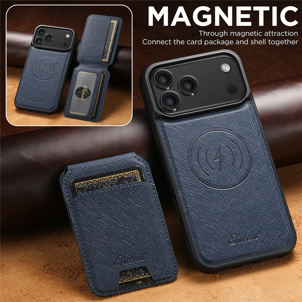 SUTENI H18 For iPhone 17 Pro Max Magnetic Case Cross Texture Leather + TPU Cover with Detachable Card Bag - Blue