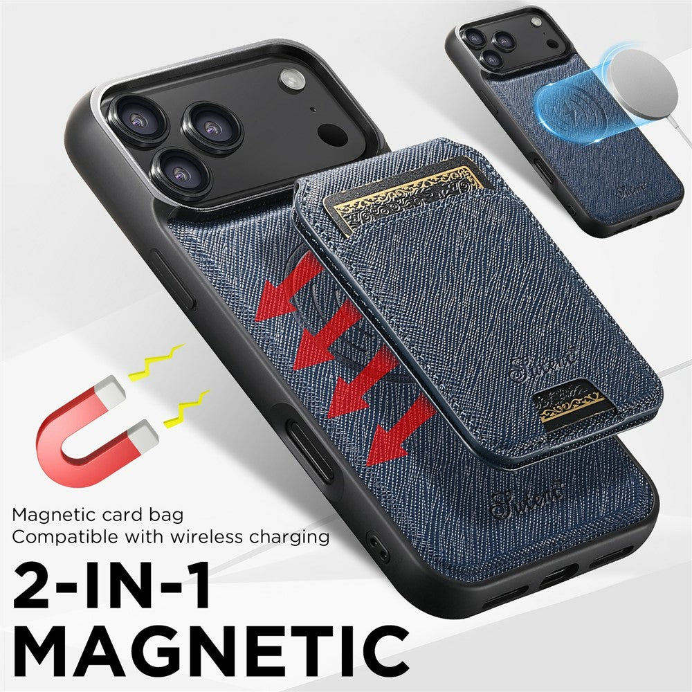 SUTENI H18 For iPhone 17 Pro Max Magnetic Case Cross Texture Leather + TPU Cover with Detachable Card Bag - Blue
