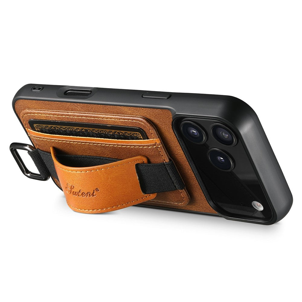 SUTENI H13 For iPhone 17 Pro Max Case Card Holder Wristband Waxy Texture Leather + TPU + PC Cover - Brown