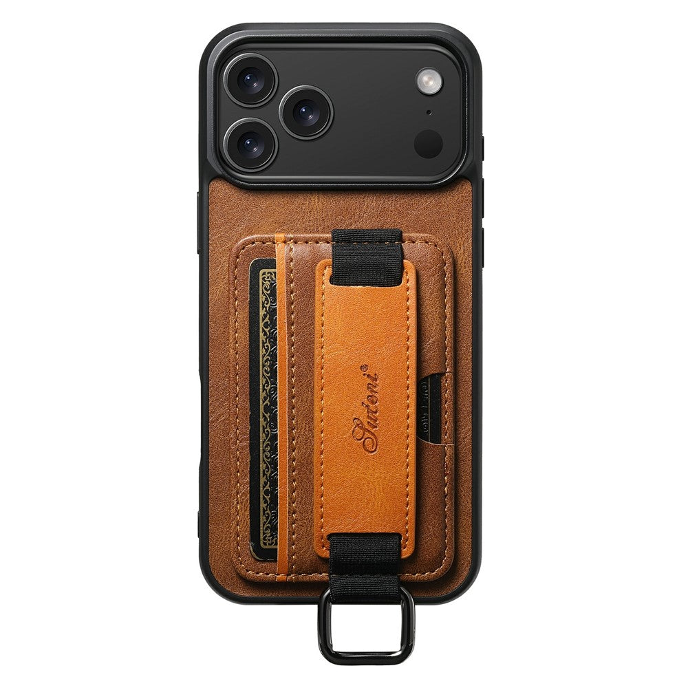 SUTENI H13 For iPhone 17 Pro Max Case Card Holder Wristband Waxy Texture Leather + TPU + PC Cover - Brown