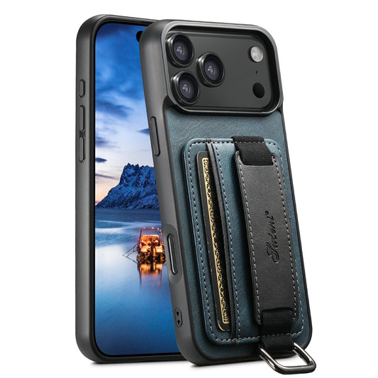 SUTENI H13 For iPhone 17 Pro Max Case Card Holder Wristband Waxy Texture Leather + TPU + PC Cover - Blue