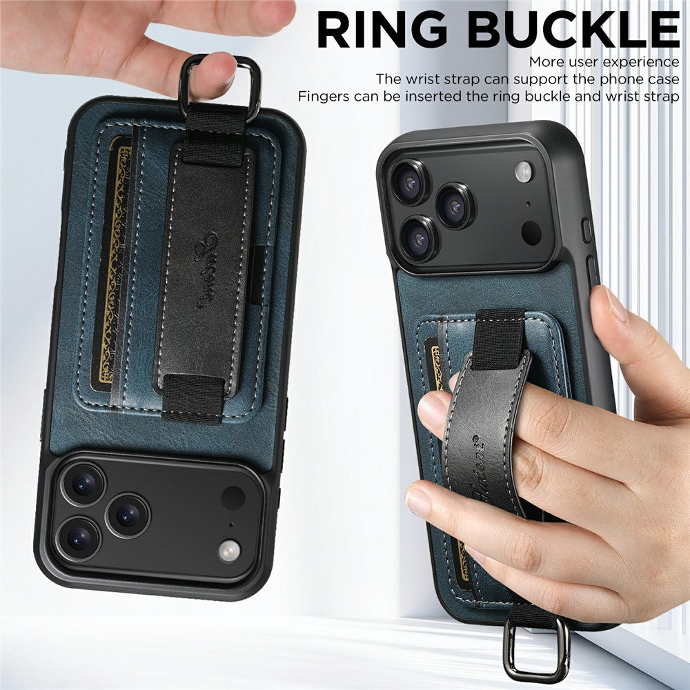 SUTENI H13 For iPhone 17 Pro Max Case Card Holder Wristband Waxy Texture Leather + TPU + PC Cover - Blue