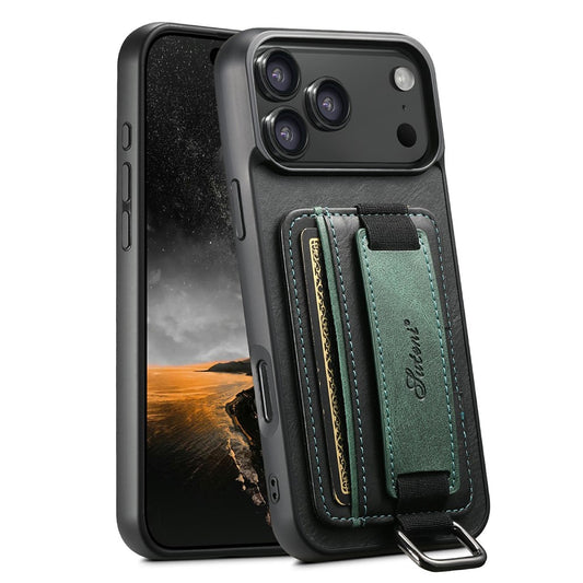 SUTENI H13 For iPhone 17 Pro Max Case Card Holder Wristband Waxy Texture Leather + TPU + PC Cover - Black