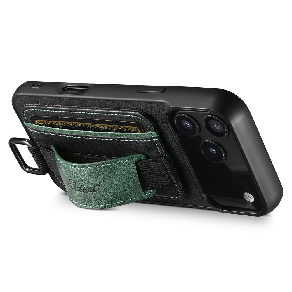 SUTENI H13 For iPhone 17 Pro Max Case Card Holder Wristband Waxy Texture Leather + TPU + PC Cover - Black