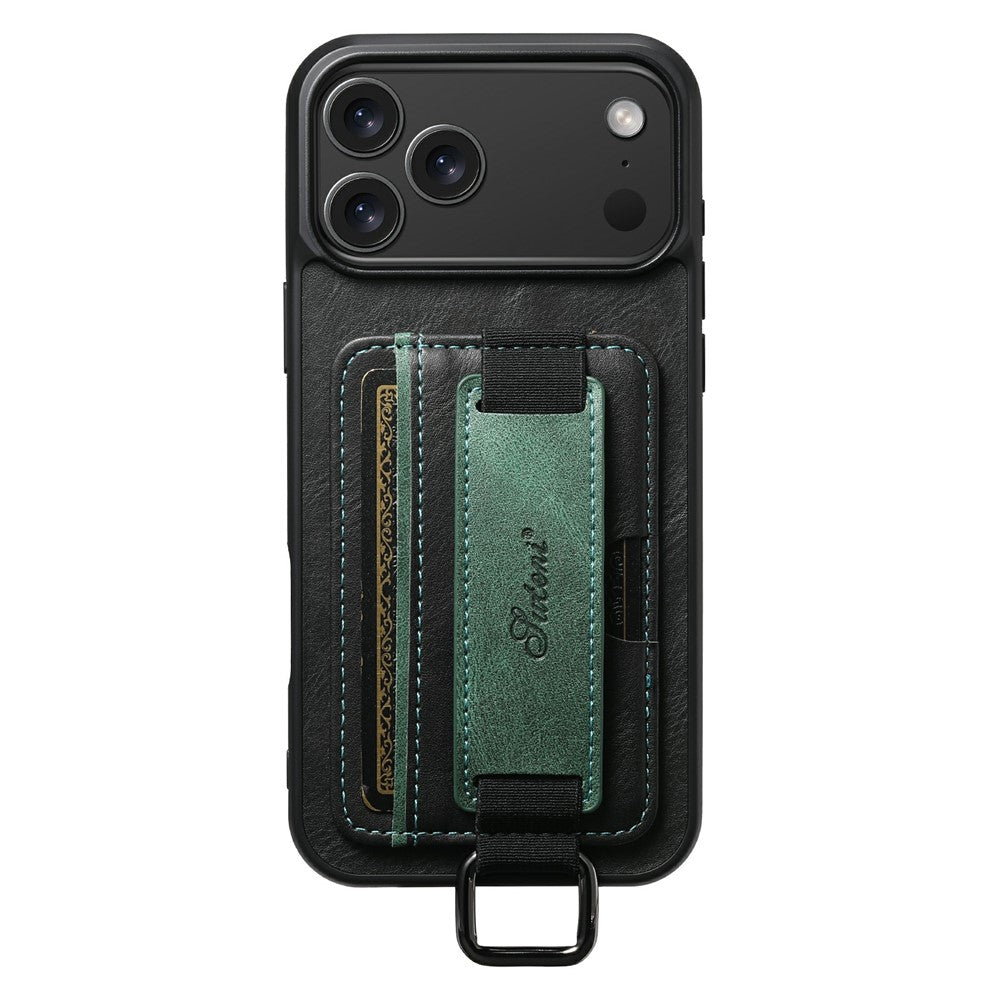 SUTENI H13 For iPhone 17 Pro Max Case Card Holder Wristband Waxy Texture Leather + TPU + PC Cover - Black