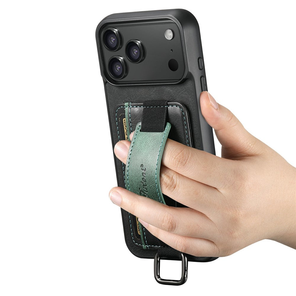 SUTENI H13 For iPhone 17 Pro Max Case Card Holder Wristband Waxy Texture Leather + TPU + PC Cover - Black