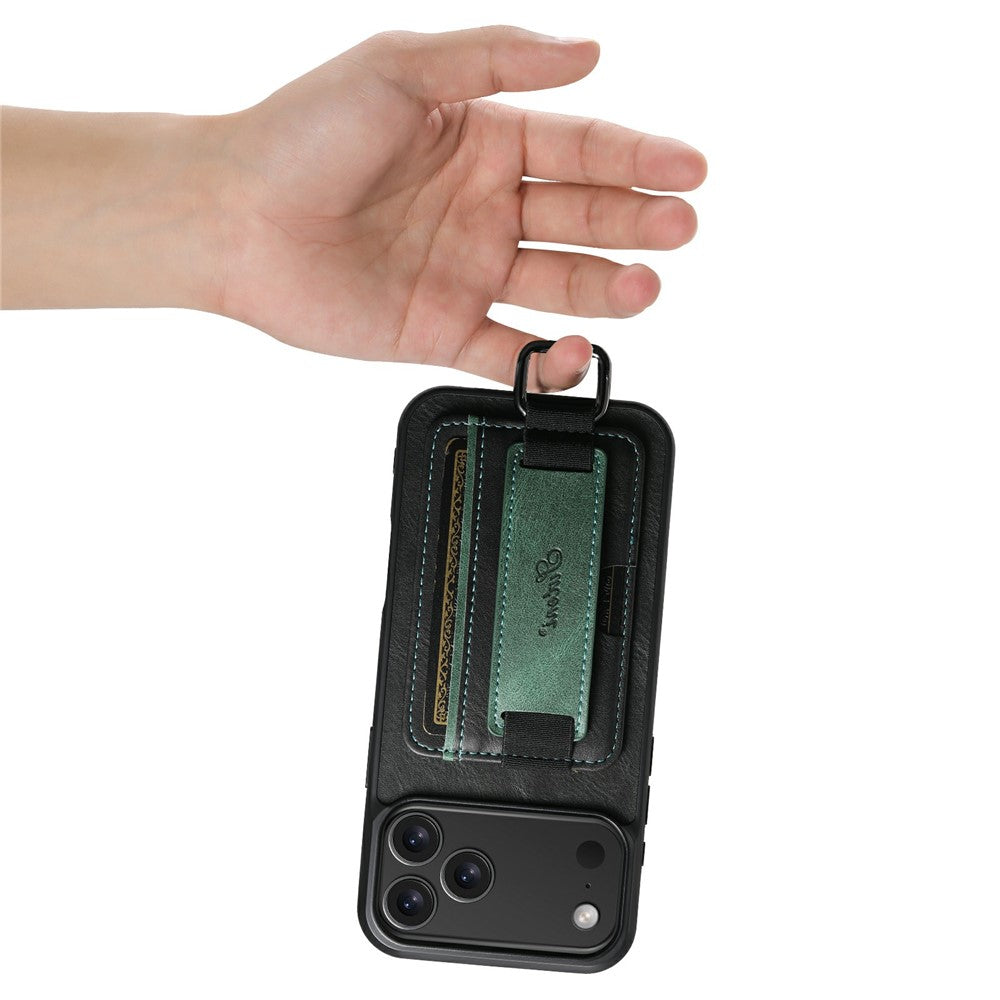 SUTENI H13 For iPhone 17 Pro Max Case Card Holder Wristband Waxy Texture Leather + TPU + PC Cover - Black
