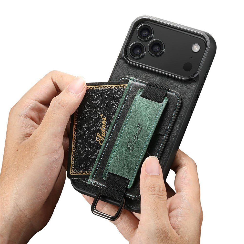 SUTENI H13 For iPhone 17 Pro Max Case Card Holder Wristband Waxy Texture Leather + TPU + PC Cover - Black