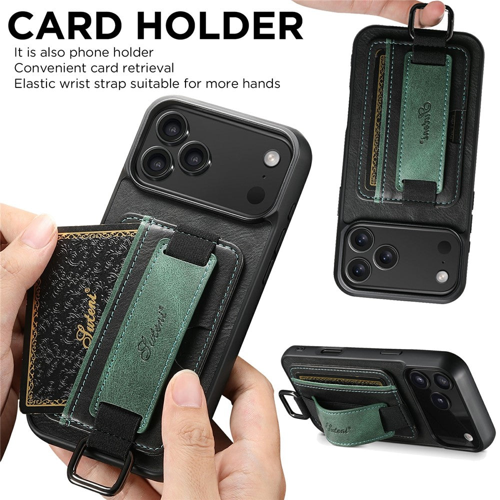 SUTENI H13 For iPhone 17 Pro Max Case Card Holder Wristband Waxy Texture Leather + TPU + PC Cover - Black