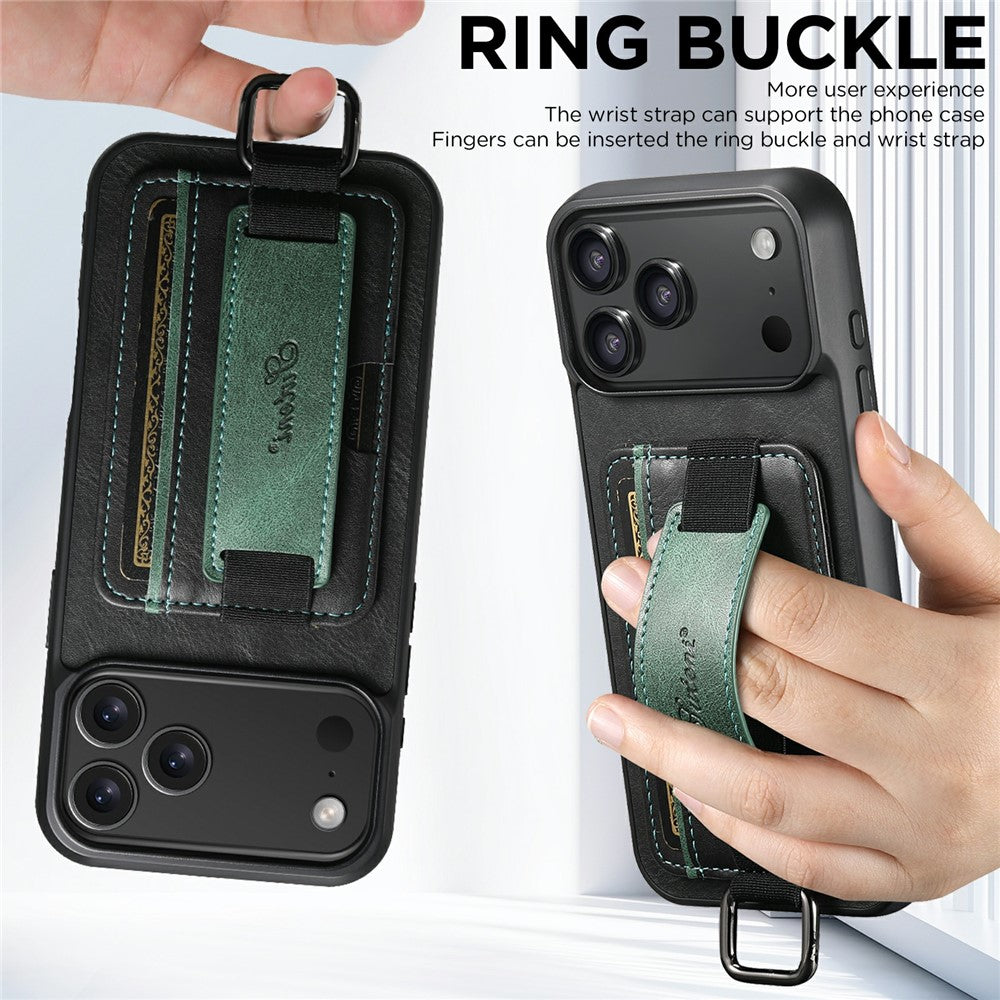 SUTENI H13 For iPhone 17 Pro Max Case Card Holder Wristband Waxy Texture Leather + TPU + PC Cover - Black