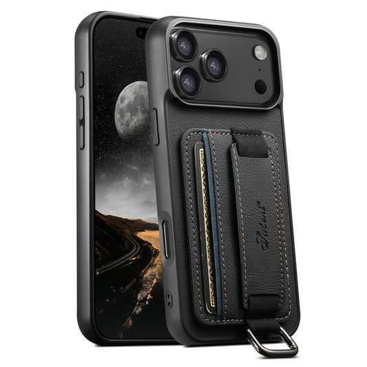 SUTENI H13 For iPhone 17 Pro Max Case Litchi Texture Leather + TPU + PC Phone Cover with Card Holder Kickstand - Black