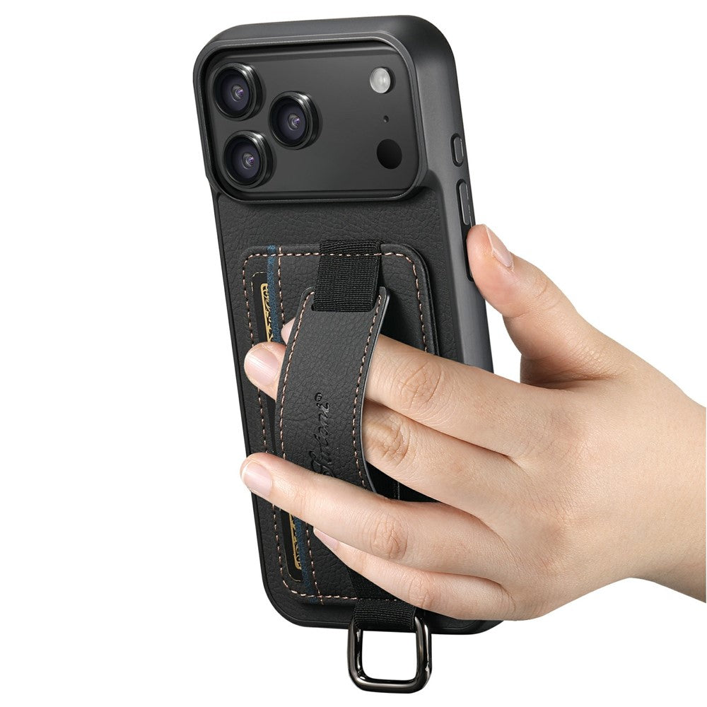 SUTENI H13 For iPhone 17 Pro Max Case Litchi Texture Leather + TPU + PC Phone Cover with Card Holder Kickstand - Black