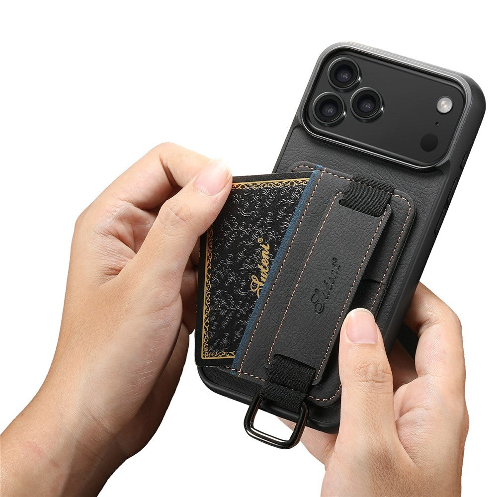 SUTENI H13 For iPhone 17 Pro Max Case Litchi Texture Leather + TPU + PC Phone Cover with Card Holder Kickstand - Black