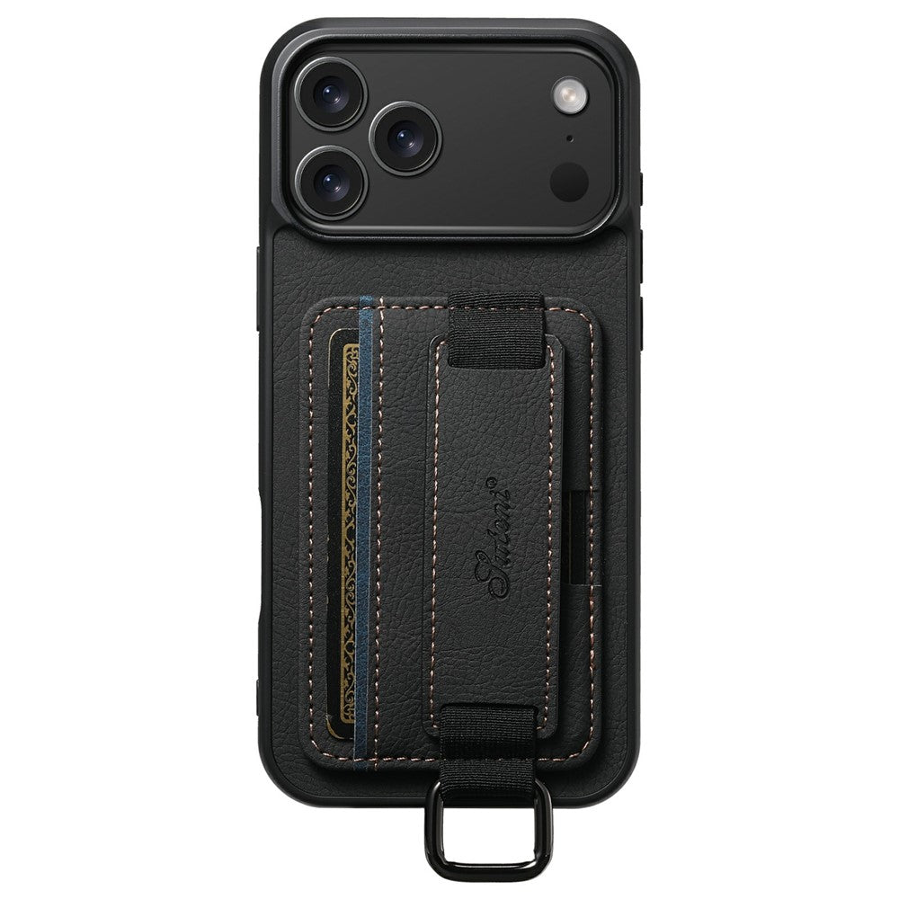 SUTENI H13 For iPhone 17 Pro Max Case Litchi Texture Leather + TPU + PC Phone Cover with Card Holder Kickstand - Black