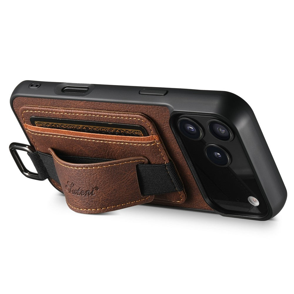 SUTENI H13 For iPhone 17 Pro Max Case Litchi Texture Leather + TPU + PC Phone Cover with Card Holder Kickstand - Brown