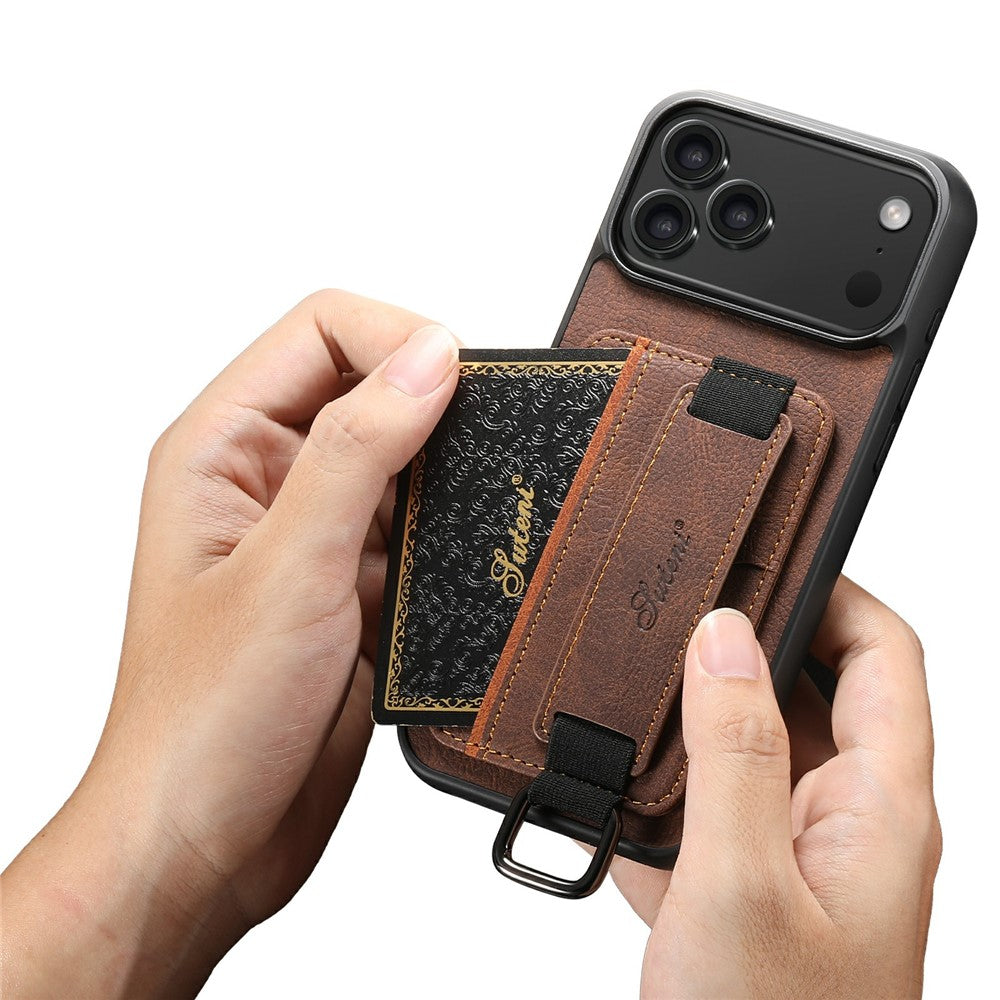 SUTENI H13 For iPhone 17 Pro Max Case Litchi Texture Leather + TPU + PC Phone Cover with Card Holder Kickstand - Brown