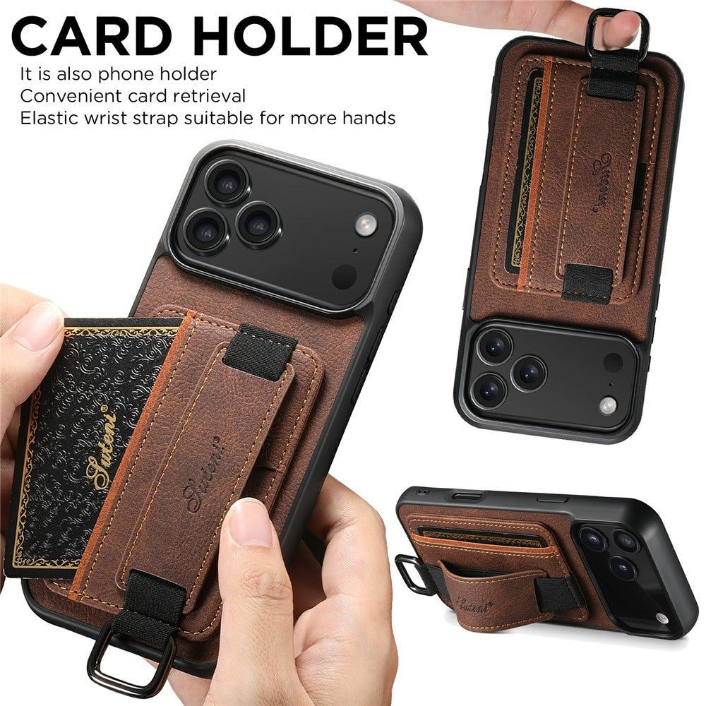 SUTENI H13 For iPhone 17 Pro Max Case Litchi Texture Leather + TPU + PC Phone Cover with Card Holder Kickstand - Brown