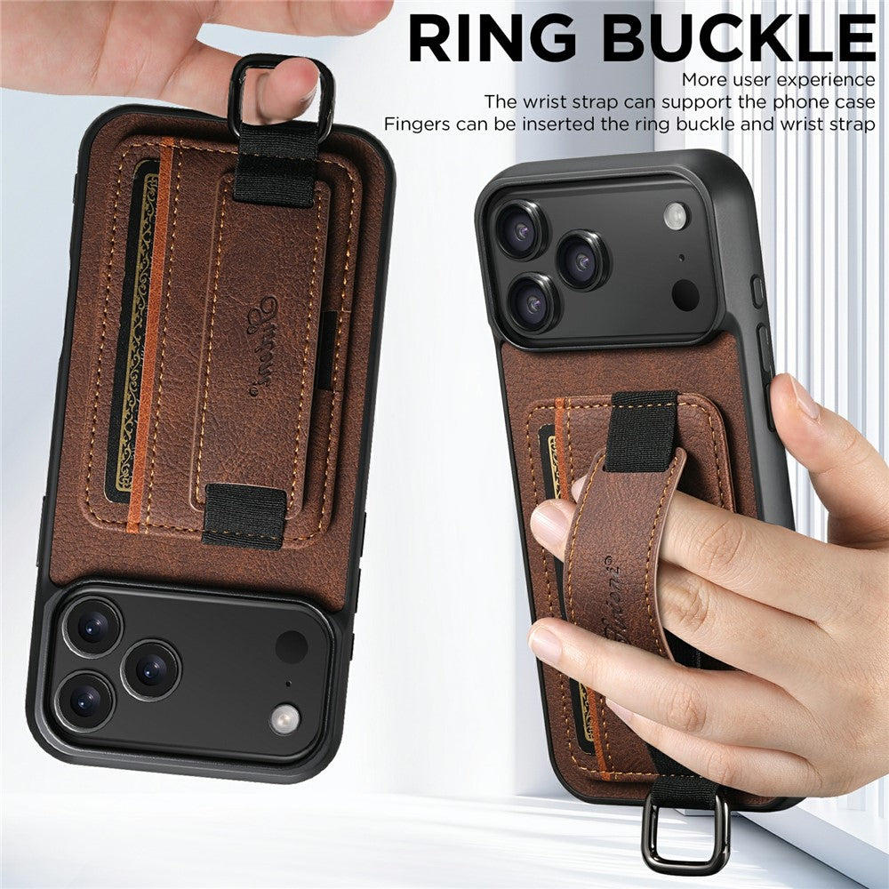 SUTENI H13 For iPhone 17 Pro Max Case Litchi Texture Leather + TPU + PC Phone Cover with Card Holder Kickstand - Brown