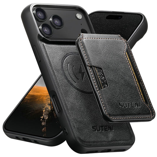 SUTENI M3 For iPhone 17 Pro Max Magnetic Case Cowhide Texture Leather Back Cover with Card Bag Kickstand - Black