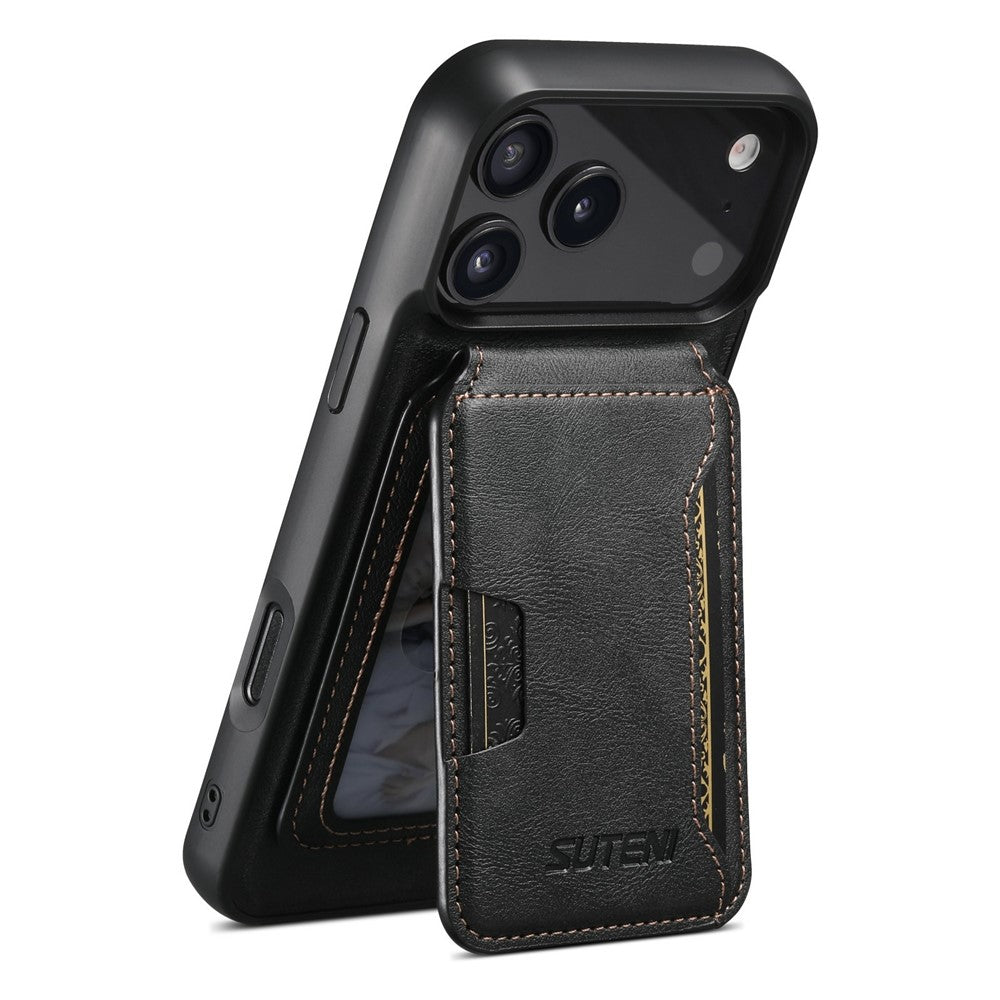 SUTENI M3 For iPhone 17 Pro Max Magnetic Case Cowhide Texture Leather Back Cover with Card Bag Kickstand - Black