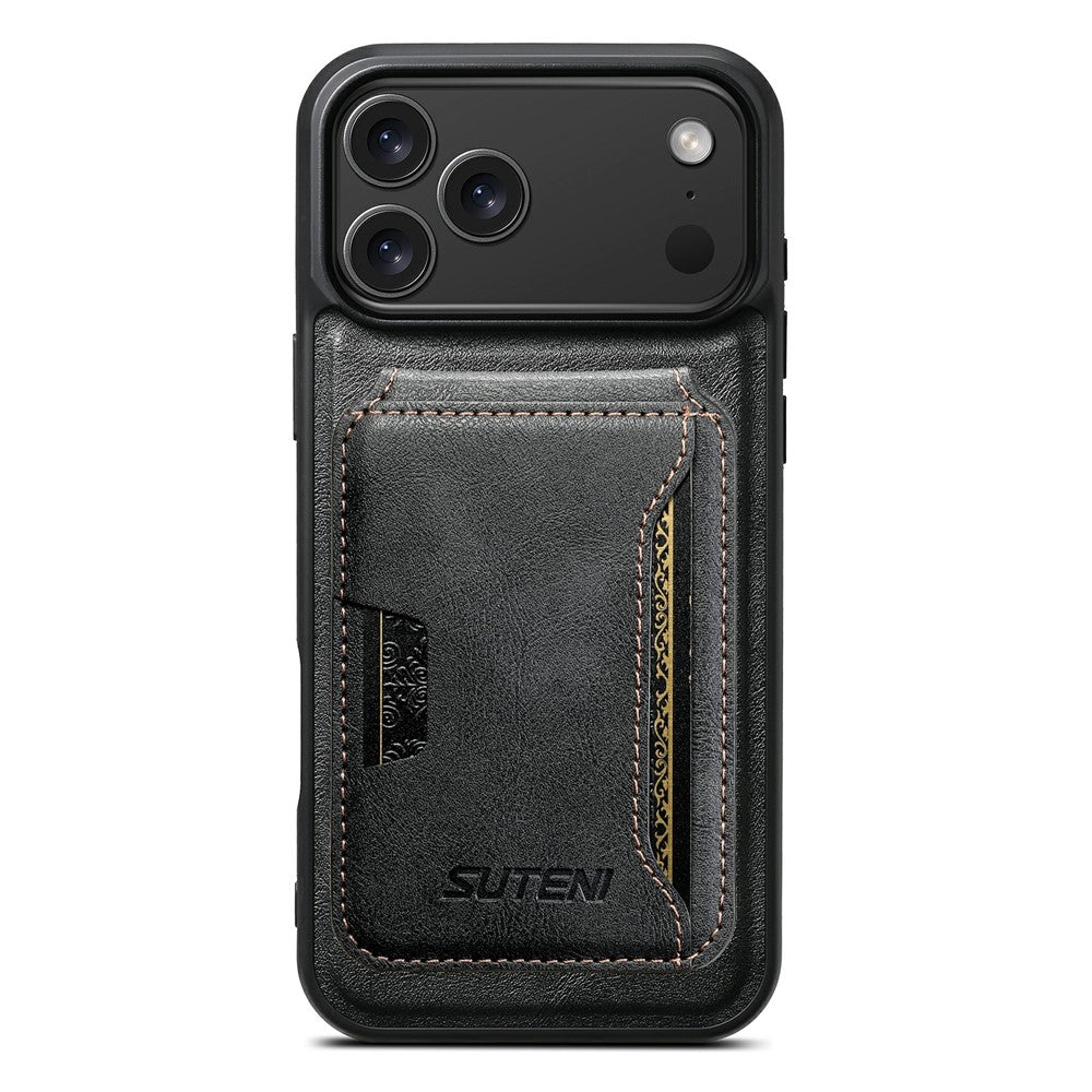 SUTENI M3 For iPhone 17 Pro Max Magnetic Case Cowhide Texture Leather Back Cover with Card Bag Kickstand - Black