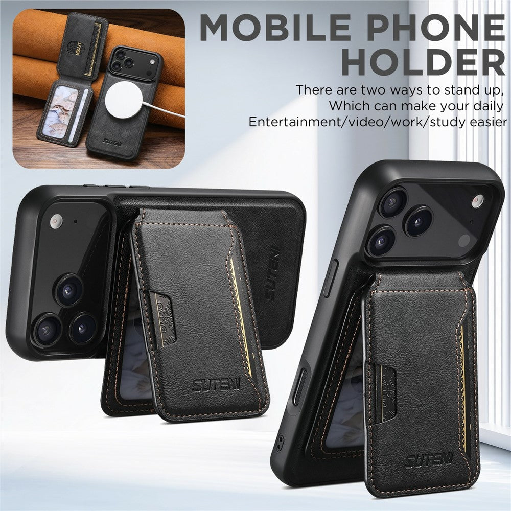 SUTENI M3 For iPhone 17 Pro Max Magnetic Case Cowhide Texture Leather Back Cover with Card Bag Kickstand - Black