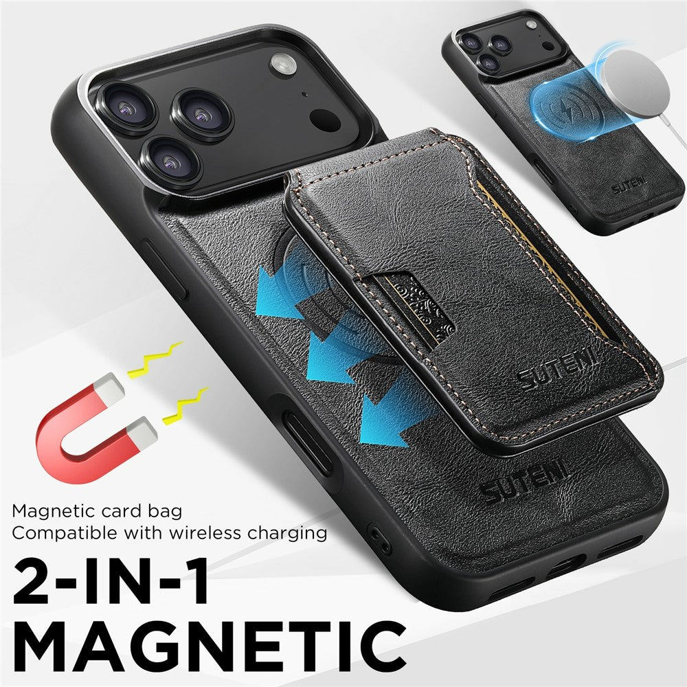 SUTENI M3 For iPhone 17 Pro Max Magnetic Case Cowhide Texture Leather Back Cover with Card Bag Kickstand - Black