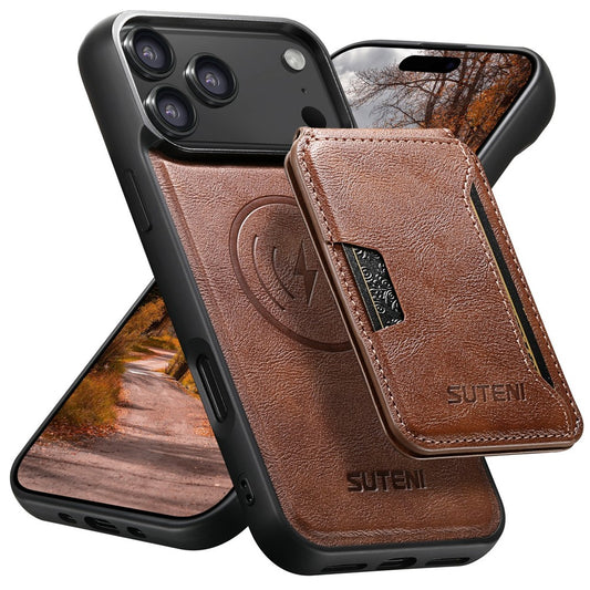 SUTENI M3 For iPhone 17 Pro Max Magnetic Case Cowhide Texture Leather Back Cover with Card Bag Kickstand - Brown