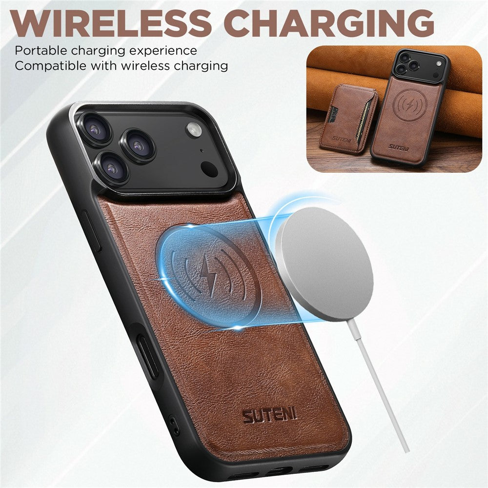 SUTENI M3 For iPhone 17 Pro Max Magnetic Case Cowhide Texture Leather Back Cover with Card Bag Kickstand - Brown