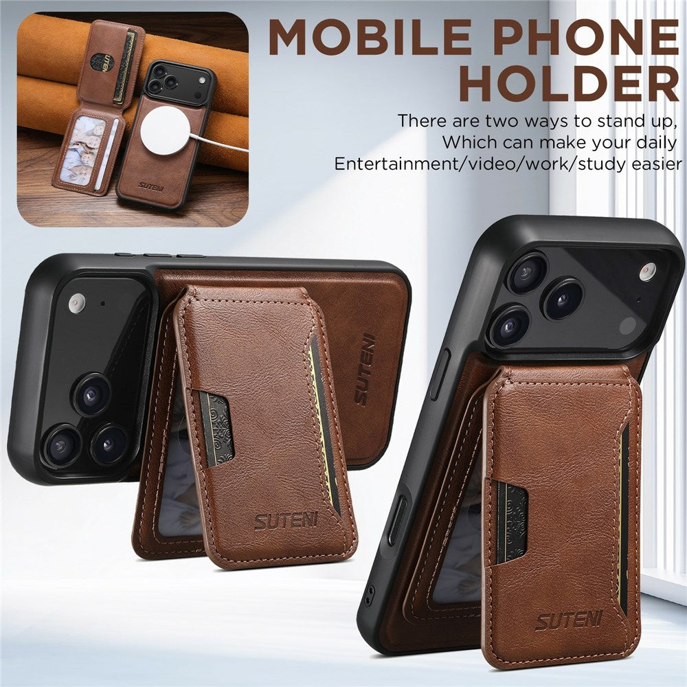 SUTENI M3 For iPhone 17 Pro Max Magnetic Case Cowhide Texture Leather Back Cover with Card Bag Kickstand - Brown