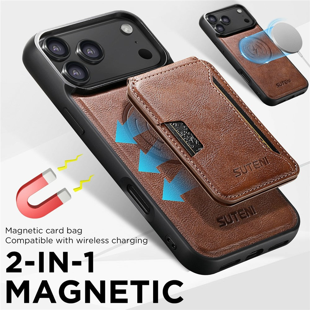 SUTENI M3 For iPhone 17 Pro Max Magnetic Case Cowhide Texture Leather Back Cover with Card Bag Kickstand - Brown