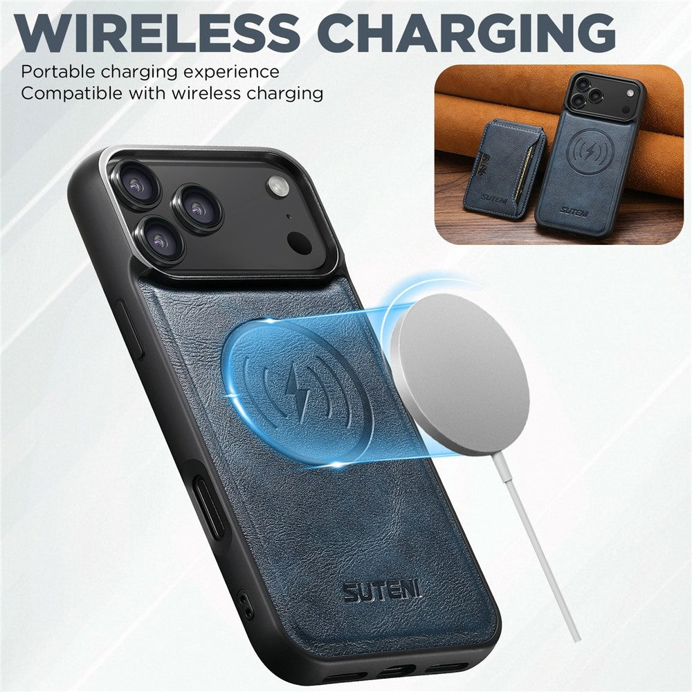 SUTENI M3 For iPhone 17 Pro Max Magnetic Case Cowhide Texture Leather Back Cover with Card Bag Kickstand - Blue