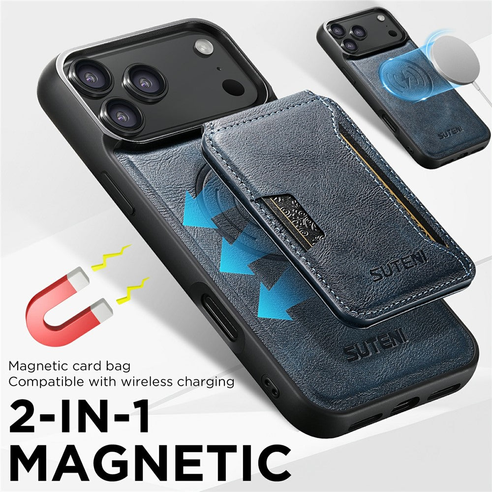 SUTENI M3 For iPhone 17 Pro Max Magnetic Case Cowhide Texture Leather Back Cover with Card Bag Kickstand - Blue
