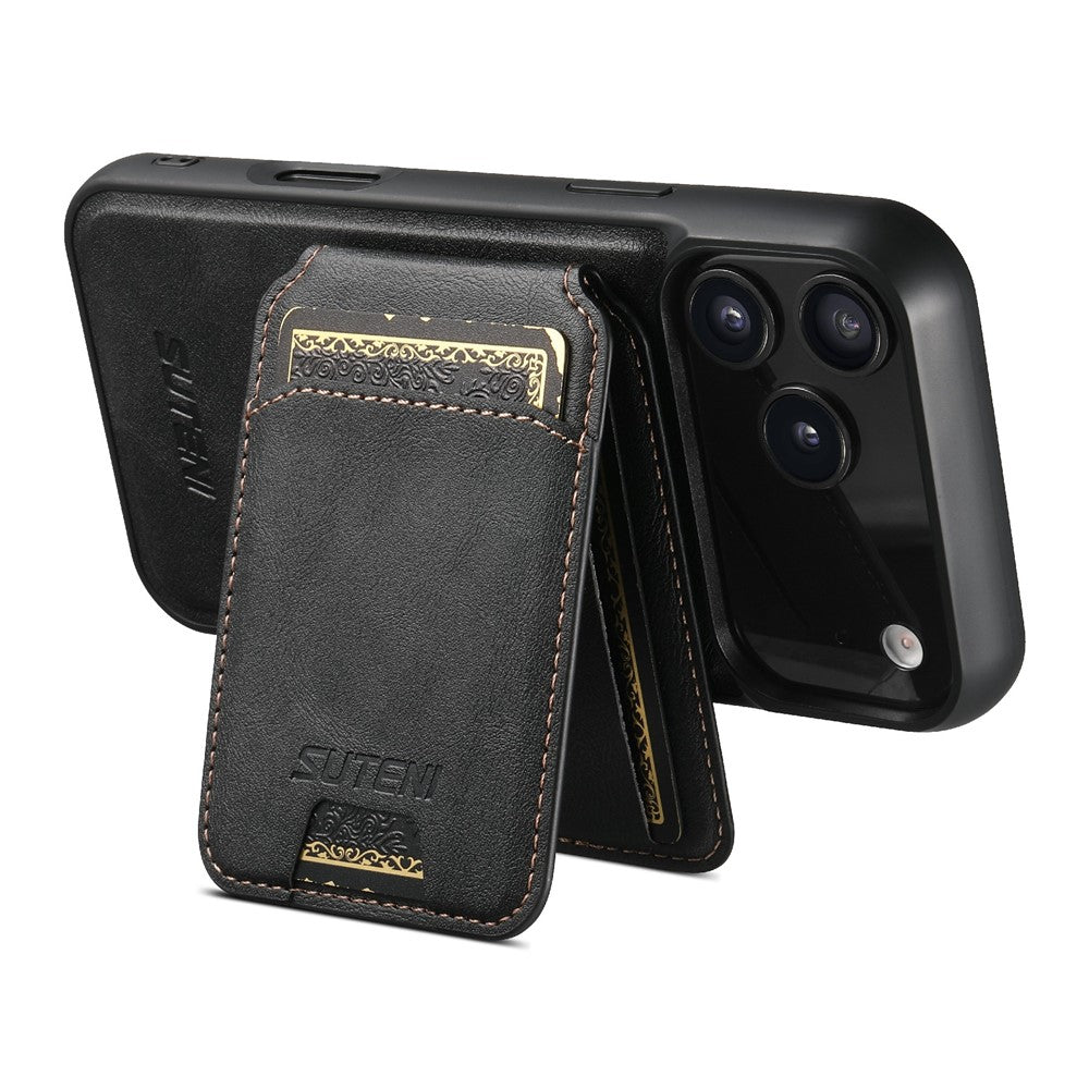SUTENI M5 For iPhone 17 Pro Max Magnetic Case with Card Bag Cowhide Texture Leather Phone Back Cover - Black