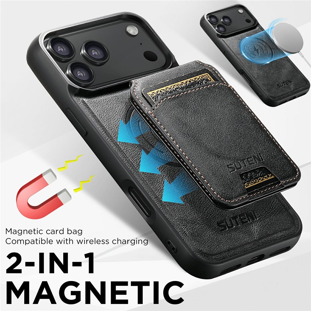 SUTENI M5 For iPhone 17 Pro Max Magnetic Case with Card Bag Cowhide Texture Leather Phone Back Cover - Black